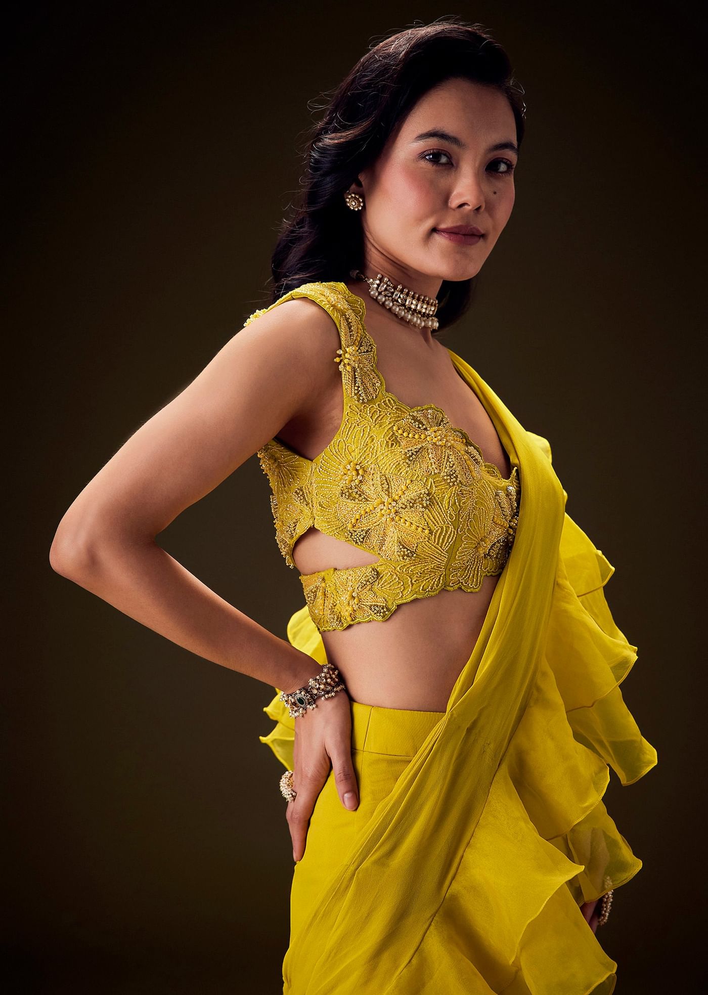 Mustard Embossed Embroidery Sweetheart Neckline Blouse With Tiered Sharara With Drape