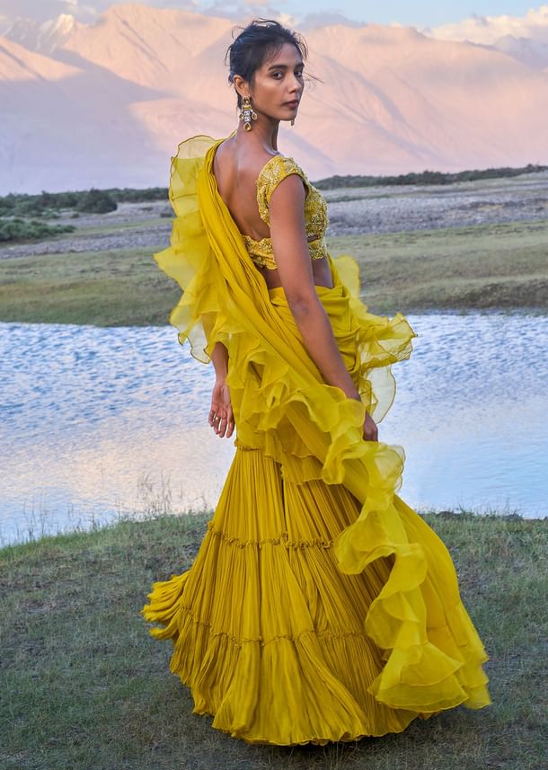 Mustard Georgette Pre Draped Sharara With Embroidered Blouse Mustard Georgette Pre Draped Sharara With Embroidered Blouse