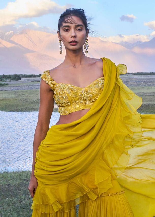 Mustard Georgette Pre Draped Sharara With Embroidered Blouse Mustard Georgette Pre Draped Sharara With Embroidered Blouse