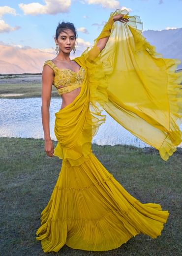 Mustard Georgette Pre Draped Sharara With Embroidered Blouse