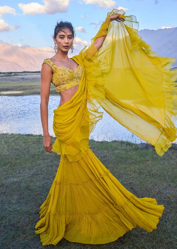 Mustard Georgette Pre Draped Sharara With Embroidered Blouse Mustard Georgette Pre Draped Sharara With Embroidered Blouse