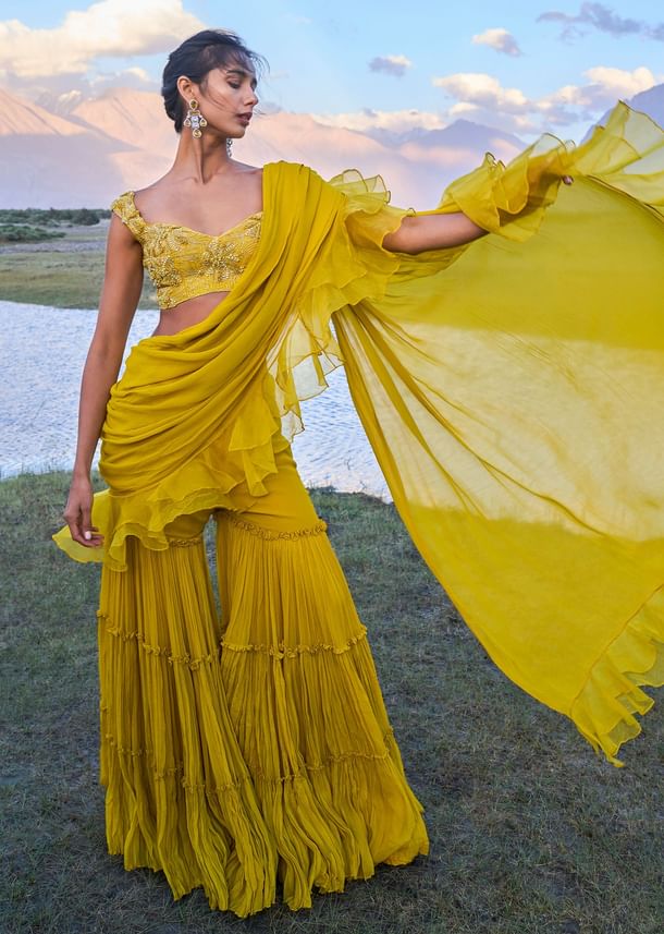 Mustard Georgette Pre Draped Sharara With Embroidered Blouse Mustard Georgette Pre Draped Sharara With Embroidered Blouse