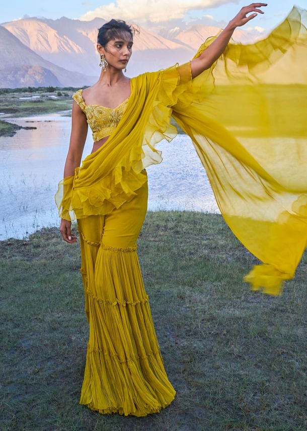 Mustard Georgette Pre Draped Sharara With Embroidered Blouse Mustard Georgette Pre Draped Sharara With Embroidered Blouse