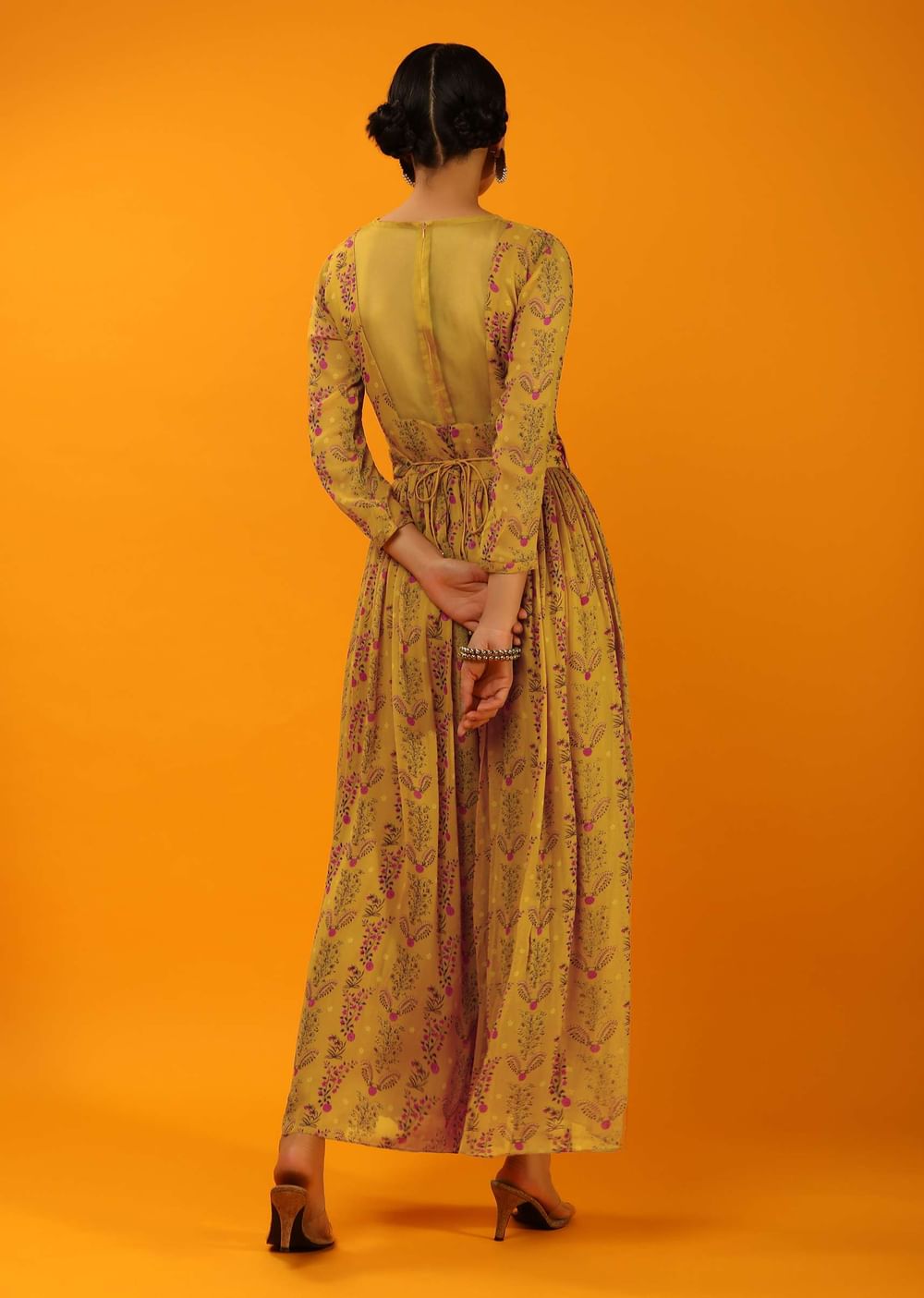Mustard Jumpsuit In Georgette With Floral Print And Thread Embroidered Belt