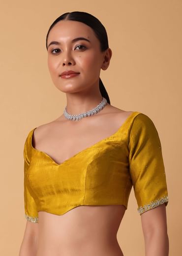 Mustard Satin Chinnon Saree With Mirror Detail Border And Unstitched Blouse Piece