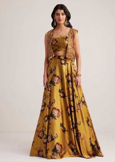 Mustard Silk Floral Skirt Set With Jacket And Mirror Work