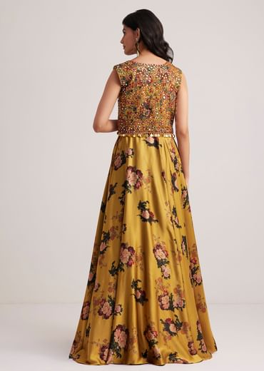 Mustard Silk Floral Skirt Set With Jacket And Mirror Work