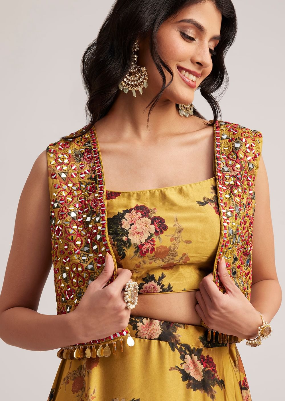 Mustard Silk Floral Skirt Set With Jacket And Mirror Work