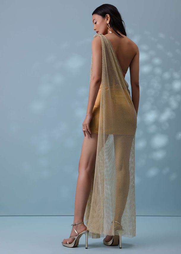 Mustard Yellow Indowestern Skirt And Top Set With Mesh Pleated Drape Mustard Yellow Indowestern Skirt And Top Set With Mesh Pleated Drape