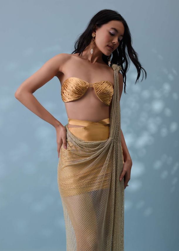 Mustard Yellow Indowestern Skirt And Top Set With Mesh Pleated Drape Mustard Yellow Indowestern Skirt And Top Set With Mesh Pleated Drape