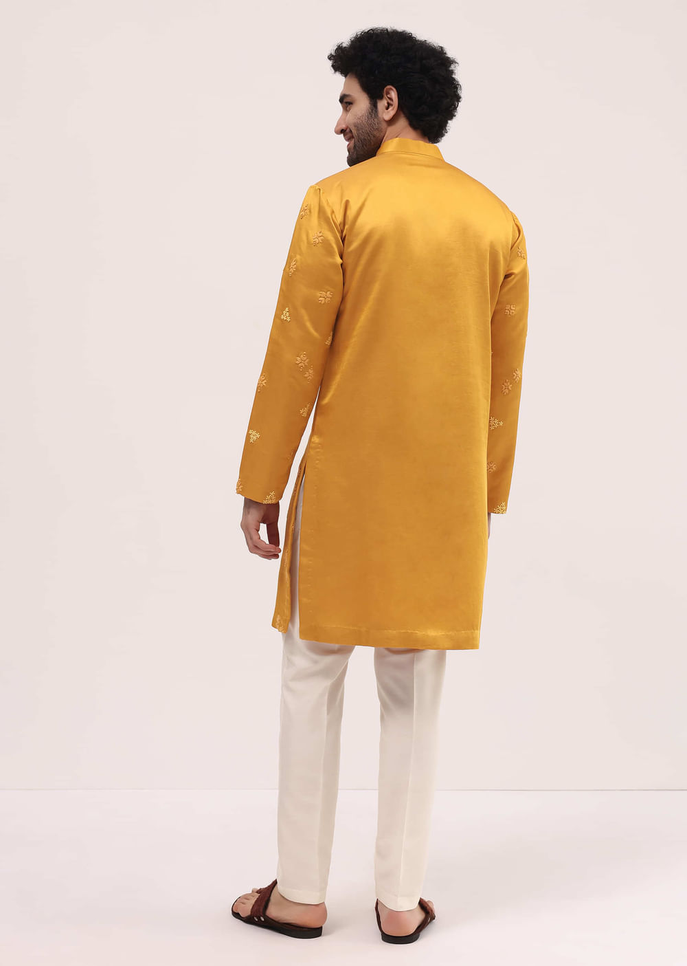 Mustard Yellow Bud Embroidered Silk Kurta Set For Men