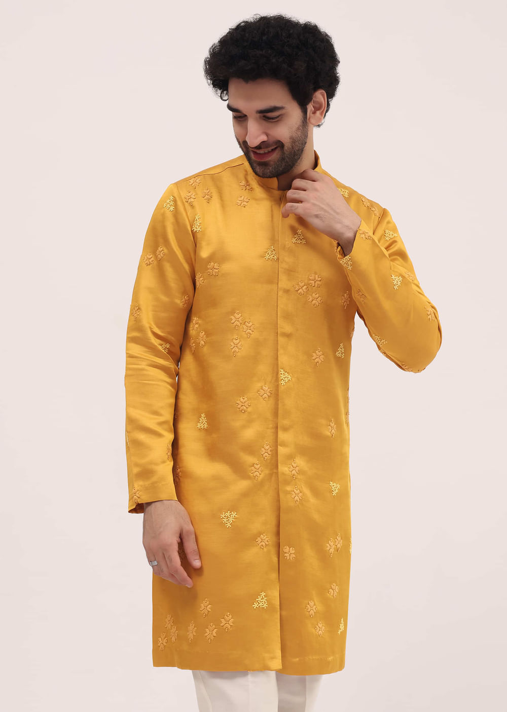 Mustard Yellow Bud Embroidered Silk Kurta Set For Men