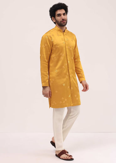 Mustard Yellow Bud Embroidered Silk Kurta Set For Men