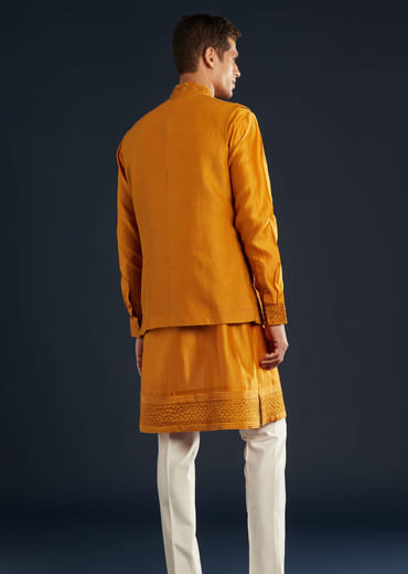Mustard Yellow Chanderi Jacket Kurta Set With Dori Work Mustard Yellow Chanderi Jacket Kurta Set With Dori Work