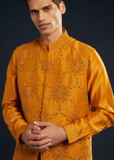 Mustard Yellow Chanderi Jacket Kurta Set With Dori Work Mustard Yellow Chanderi Jacket Kurta Set With Dori Work