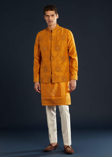 Mustard Yellow Chanderi Jacket Kurta Set With Dori Work Mustard Yellow Chanderi Jacket Kurta Set With Dori Work