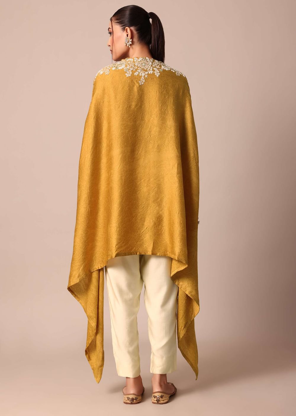 Mustard Yellow Crop Top With Embroidered Jacket And Pants Set