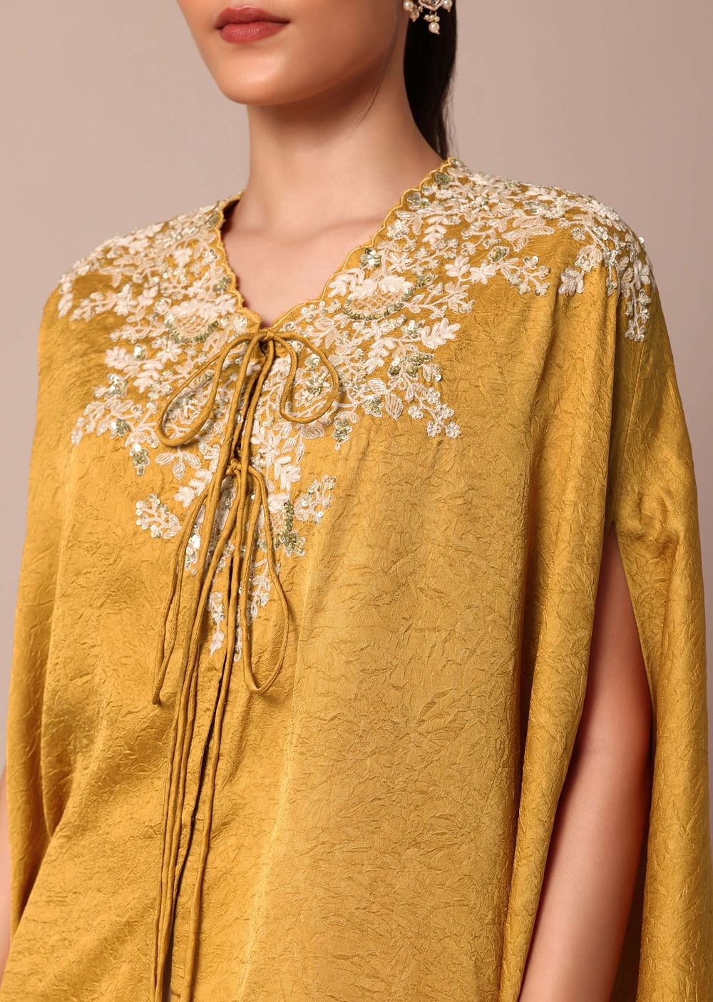 Mustard Yellow Crop Top With Embroidered Jacket And Pants Set