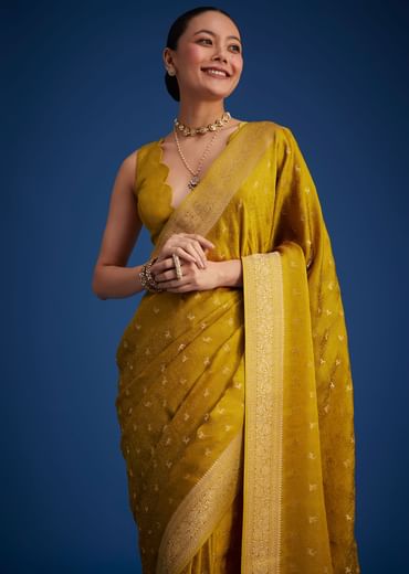 Mustard Yellow Dola Silk Saree With Woven Patterns