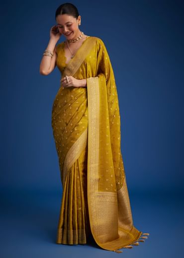 Mustard Yellow Dola Silk Saree With Woven Patterns