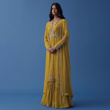 Mustard Yellow Embroidered Indowestern Dress And Cape In Georgette