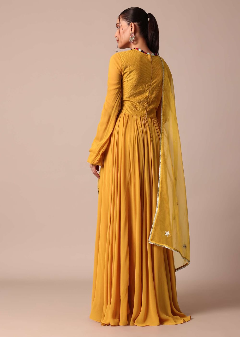 Mustard Yellow Embroidered Anarkali With Organza Dupatta