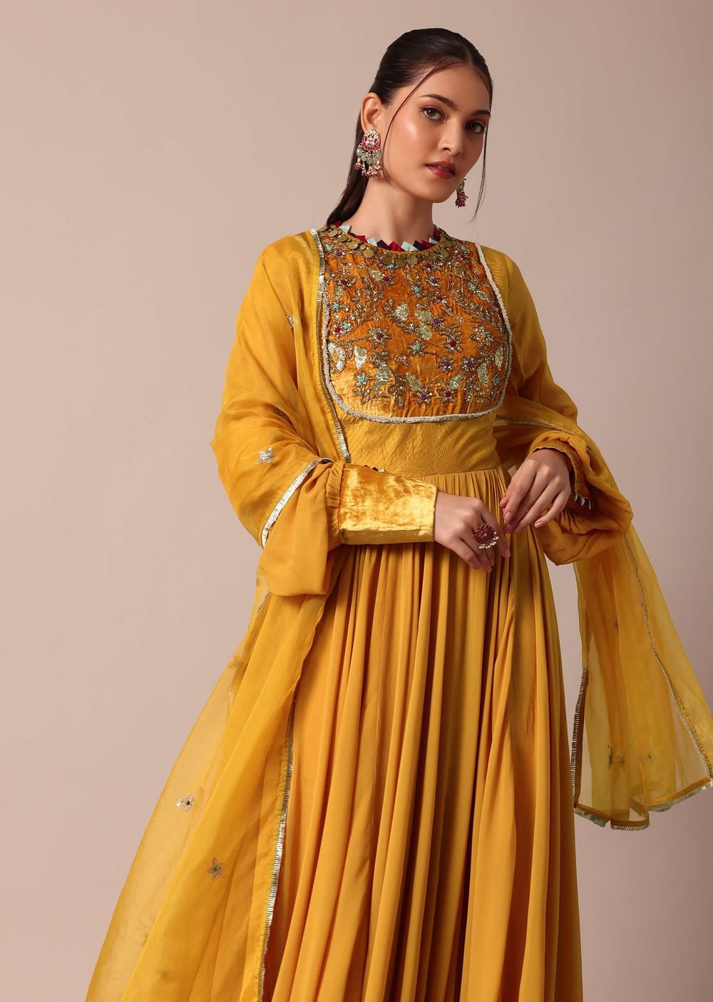 Mustard Yellow Embroidered Anarkali With Organza Dupatta