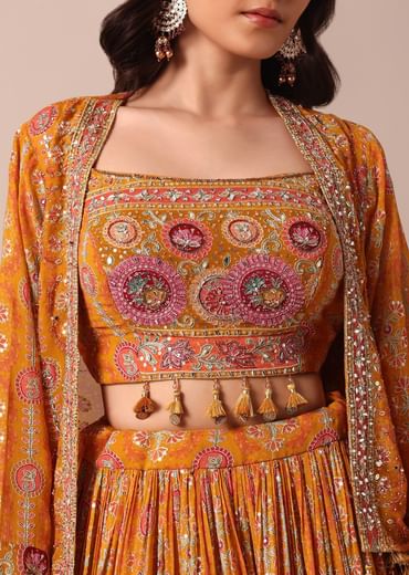 Mustard Yellow Embroidered Choli With Printed Jacket And Lehenga