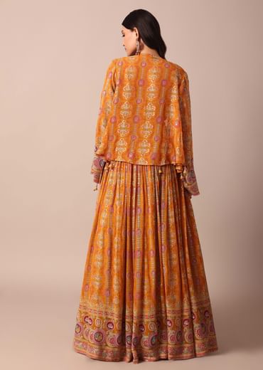 Mustard Yellow Embroidered Choli With Printed Jacket And Lehenga