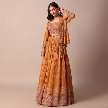 Mustard Yellow Embroidered Choli With Printed Jacket And Lehenga