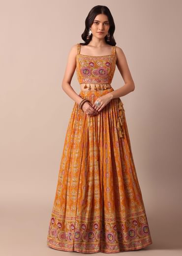 Mustard Yellow Embroidered Choli With Printed Jacket And Lehenga