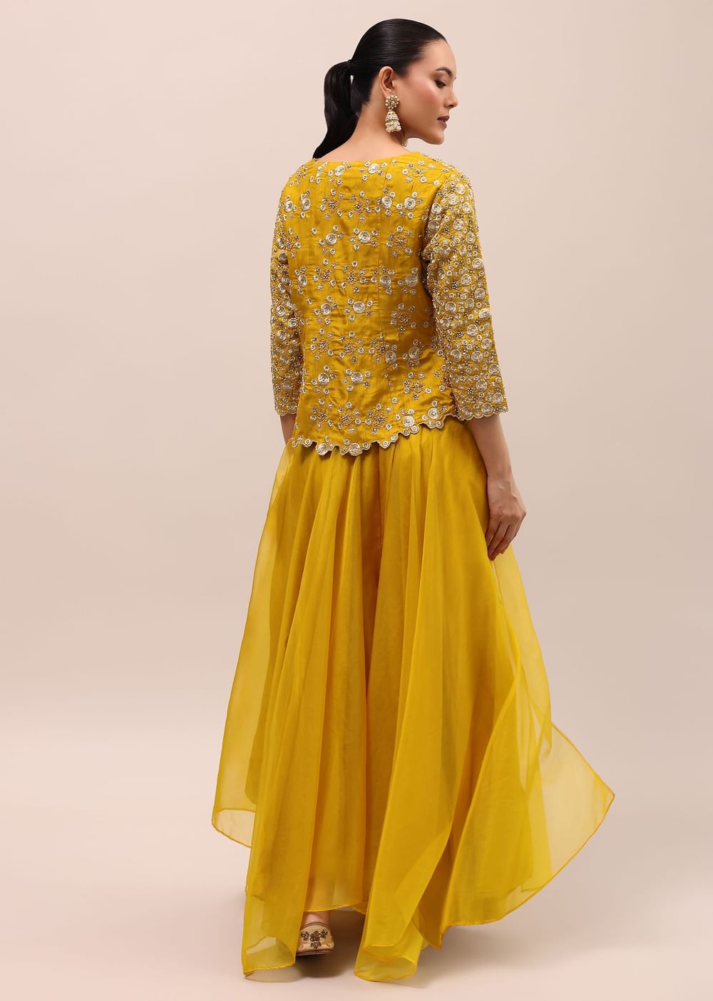 Mustard Yellow Embroidered Silk Crop Top And Palazzo Set