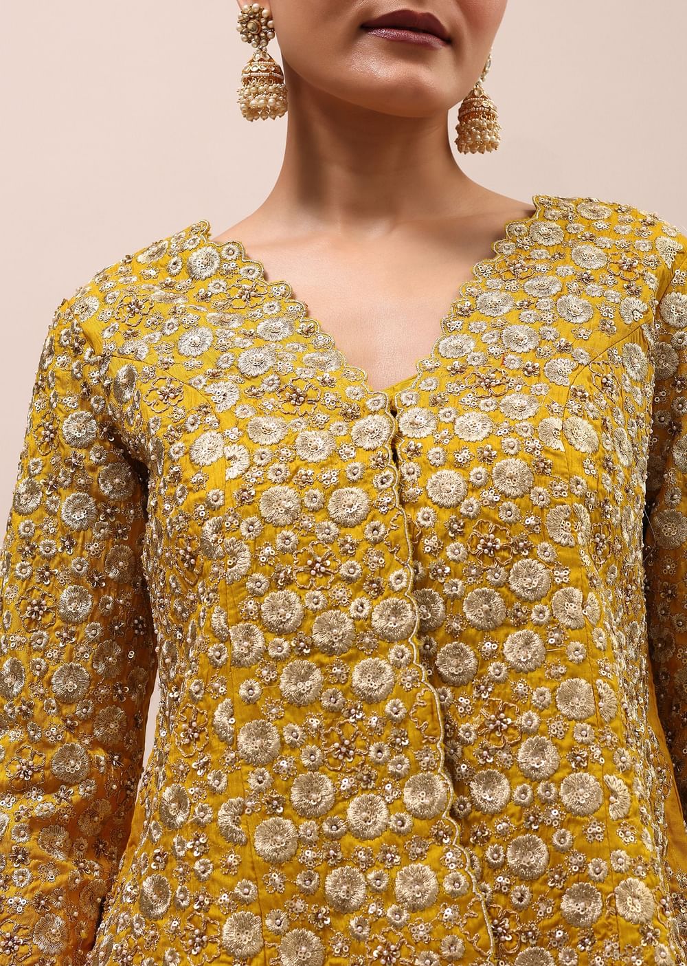 Mustard Yellow Embroidered Silk Crop Top And Palazzo Set