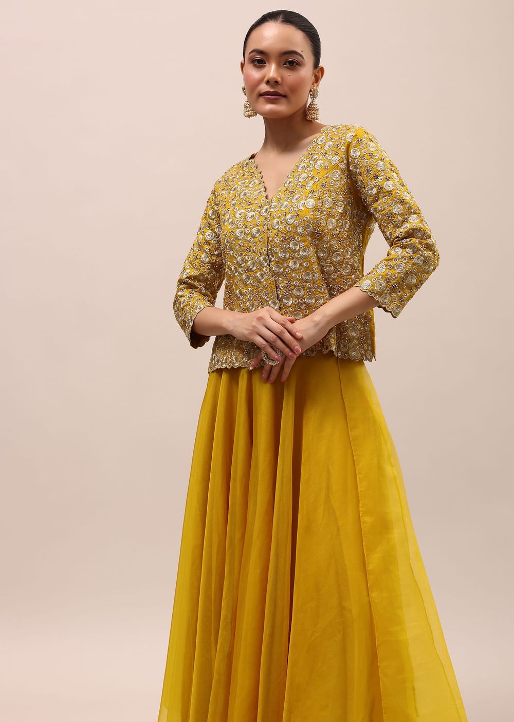 Mustard Yellow Embroidered Silk Crop Top And Palazzo Set