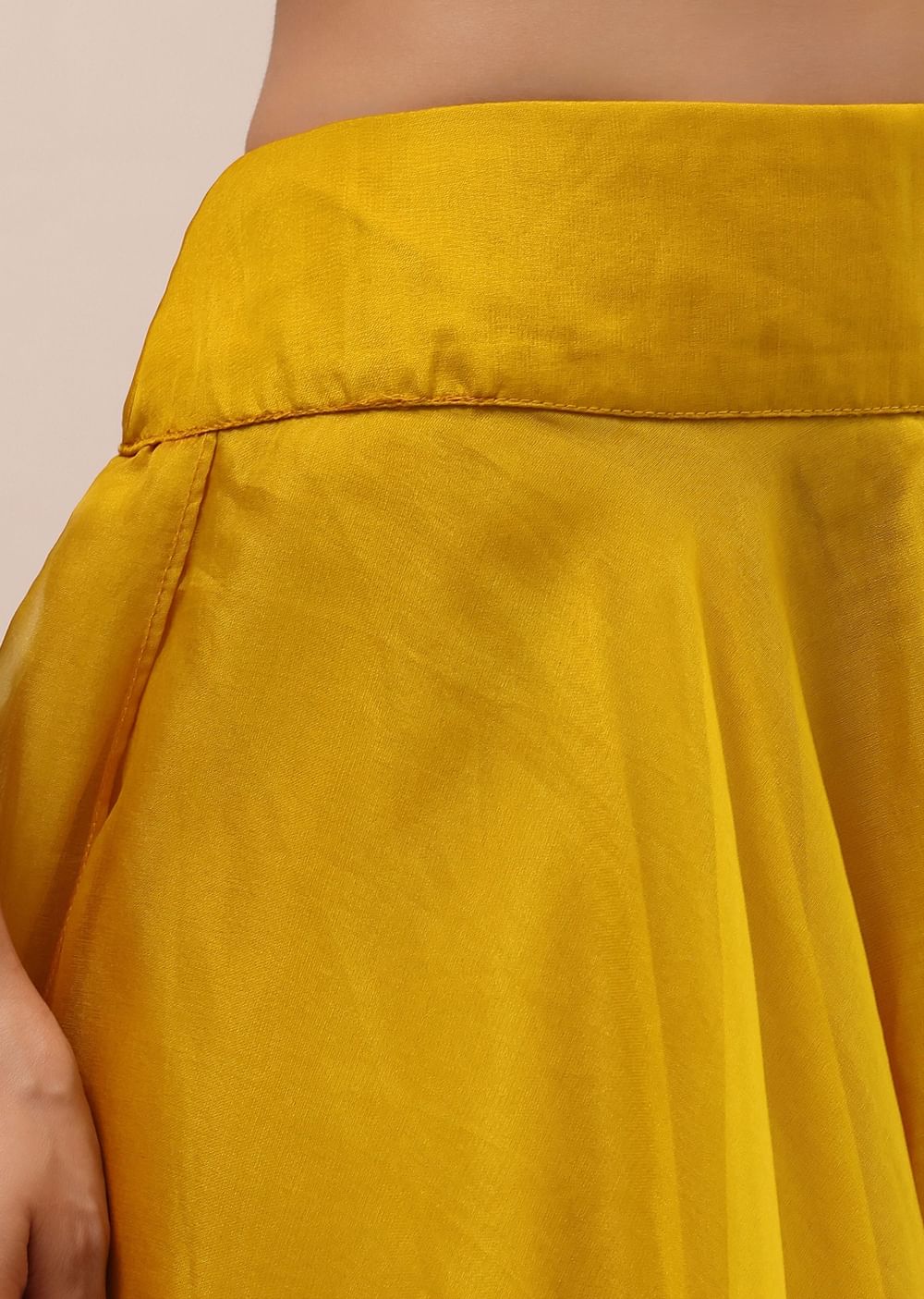 Mustard Yellow Embroidered Silk Crop Top And Palazzo Set