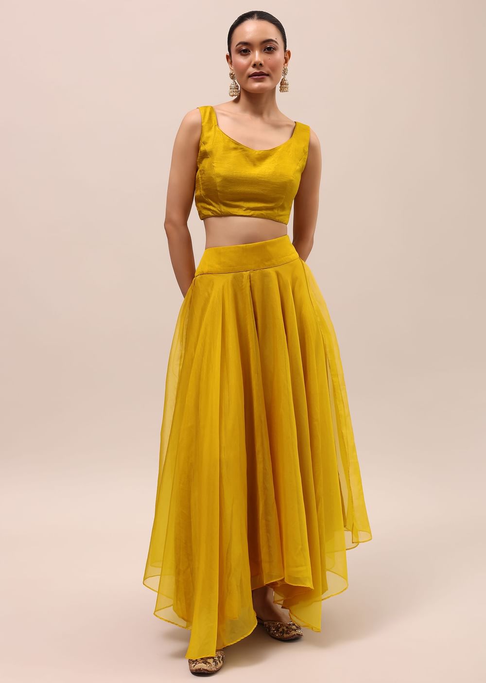 Mustard Yellow Embroidered Silk Crop Top And Palazzo Set