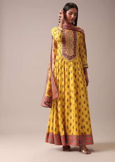 Mustard Yellow Floral Printed Anarkali Suit Set In Art Silk