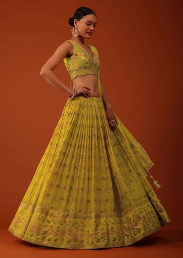 Mustard Yellow Floral Printed Georgette Lehenga And Silk Blouse Set