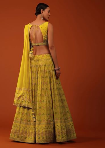 Mustard Yellow Floral Printed Georgette Lehenga And Silk Blouse Set