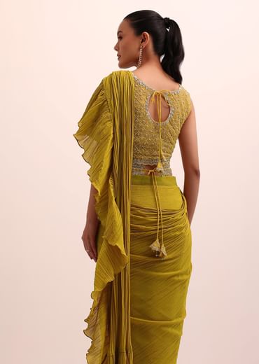 Mustard Yellow Georgette Frill Saree With Embellished Blouse