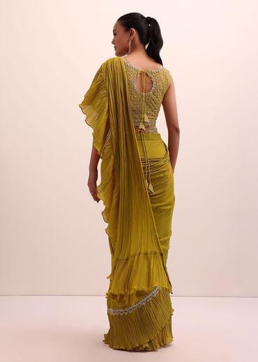 Mustard Yellow Georgette Frill Saree With Embellished Blouse