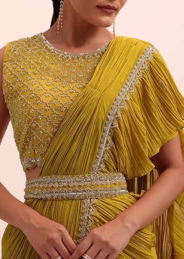 Mustard Yellow Georgette Frill Saree With Embellished Blouse