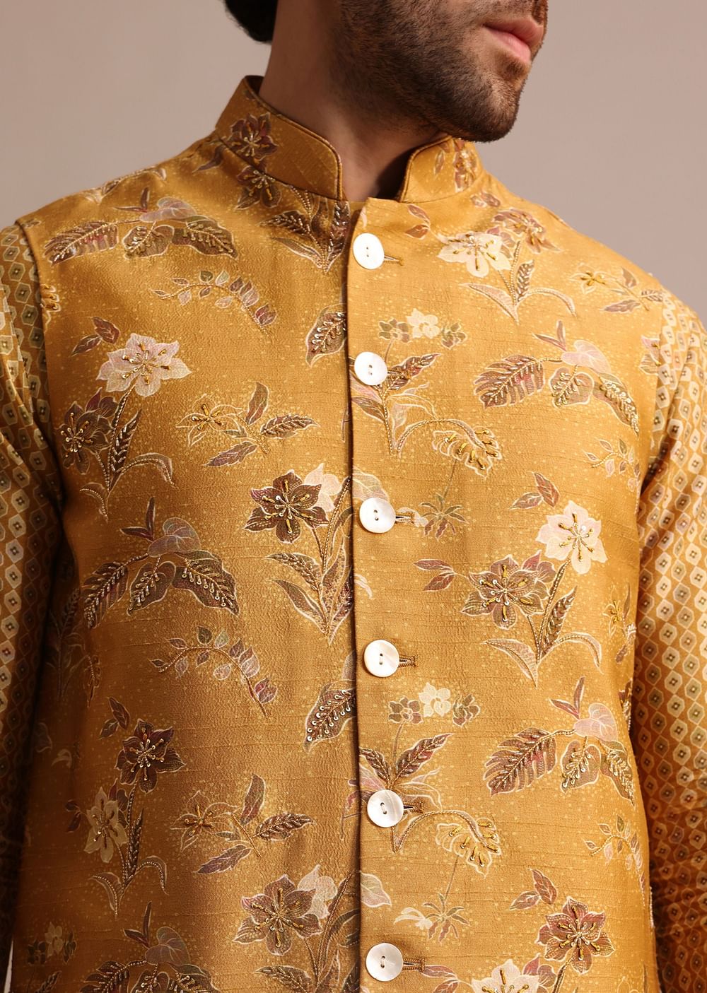 Mustard Yellow Kurta Jacket Set With Floral Cutdana Embroidery