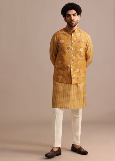 Mustard Yellow Kurta Jacket Set With Floral Cutdana Embroidery