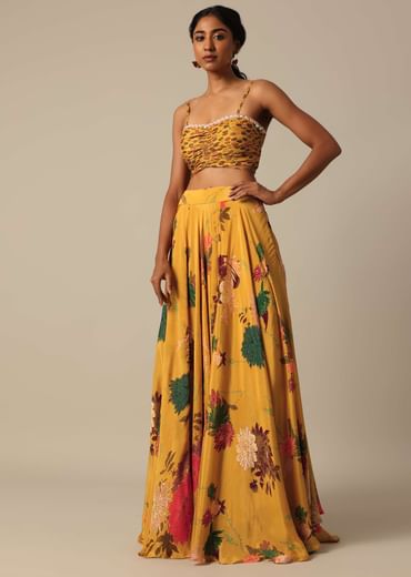 Mustard Yellow Printed Jacket And Lehenga Set