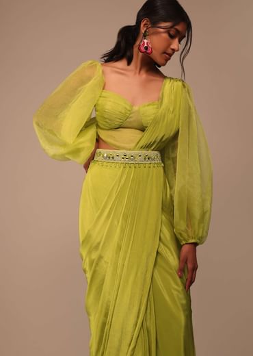 Mustard Yellow Saree With Bishop Sleeve Blouse And Hand Worked Belt