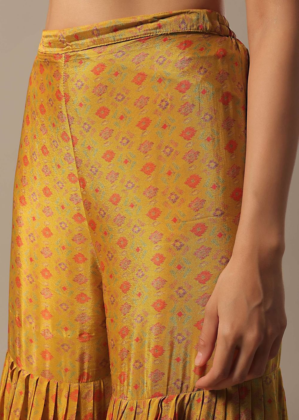 Mustard Yellow Sharara Set With Printed Peplum Top And Dupatta