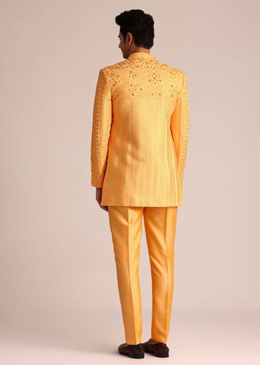 Mustard Yellow Silk Indo Western Set With Zardosi Work