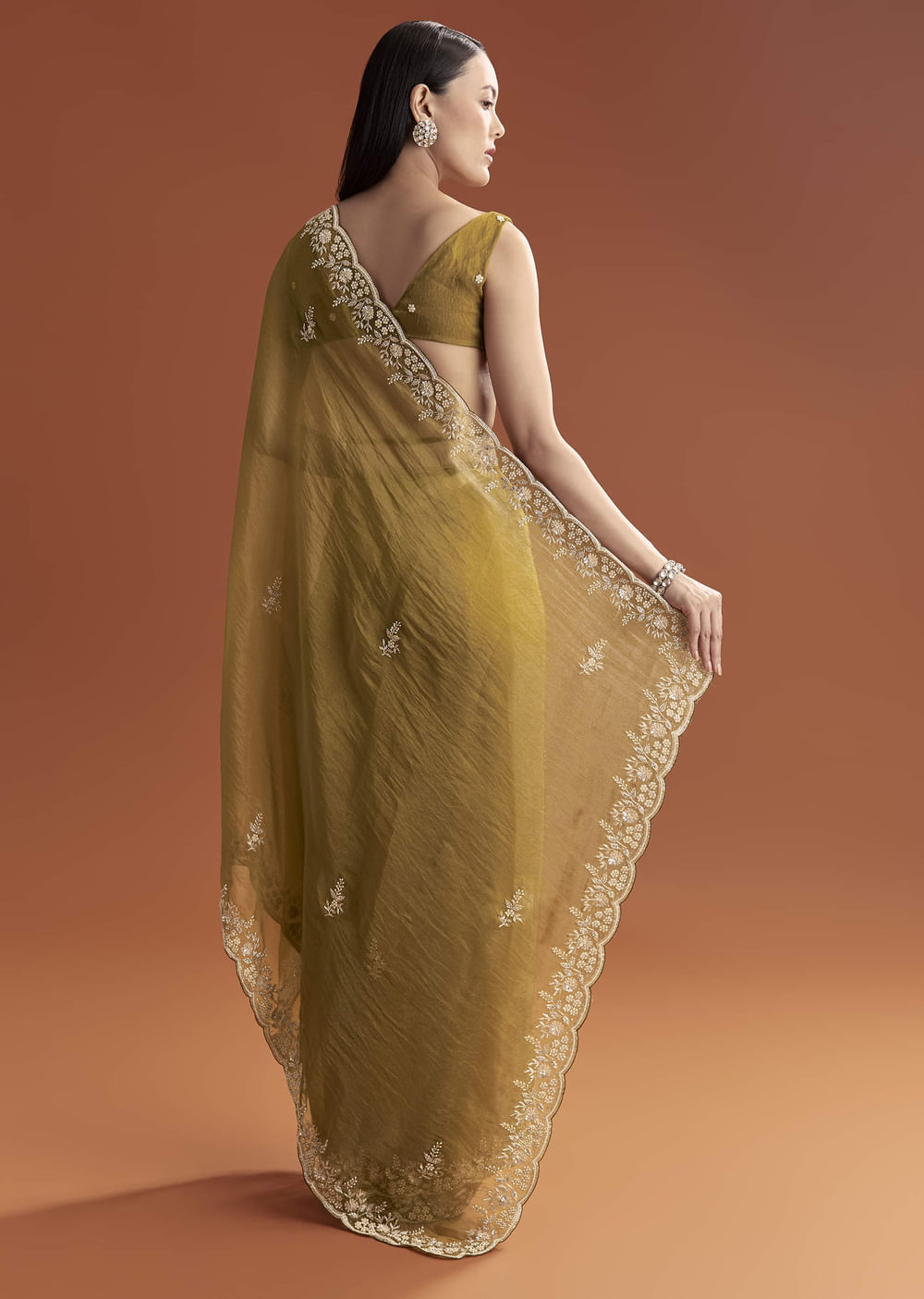 Mustard Yellow Tissue Saree With Floral Butti Embroidery