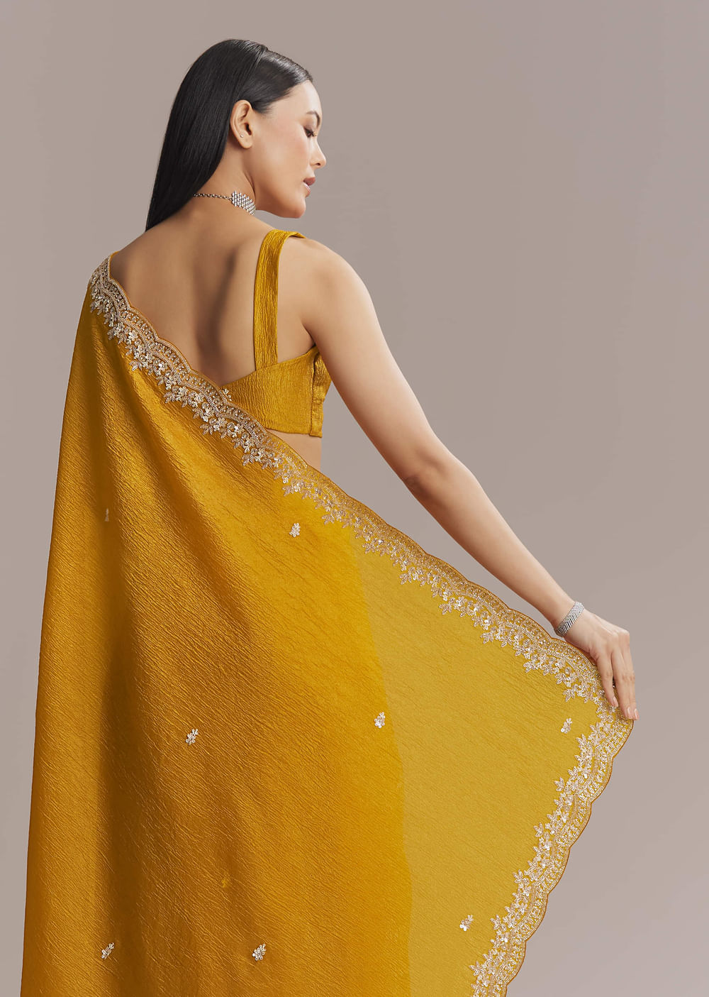 Mustard Yellow Tissue Saree With Scallop Border Embroidery